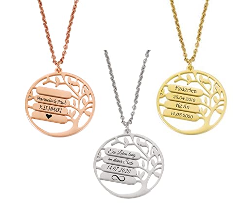 aplusashop ID Stammbaum runder Anhänger + Gravur nach Wunsch 4 Zeilen Edelstahl Family Tree (Gold, Mit Gravur) von aplusashop