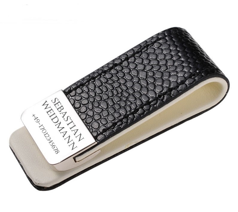 Geldklammer Mit Gravur Nach Wunsch Geldscheinklammer Edelstahl Leder Schwarz Neu von aplusashop2013