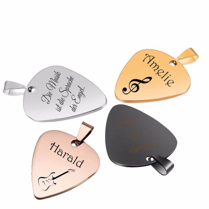 Id Anhänger Plektrum + Gravur Nach Wunsch in 4 Farben Edelstahl Mit Kette 60 cm Neu von aplusashop2013