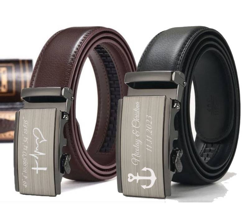 Id Herren Gürtel Echtleder Mit Gravur Nach Wunsch Automatik Massive Schnalle Nr8 Schwarz/Braun von aplusashop2013