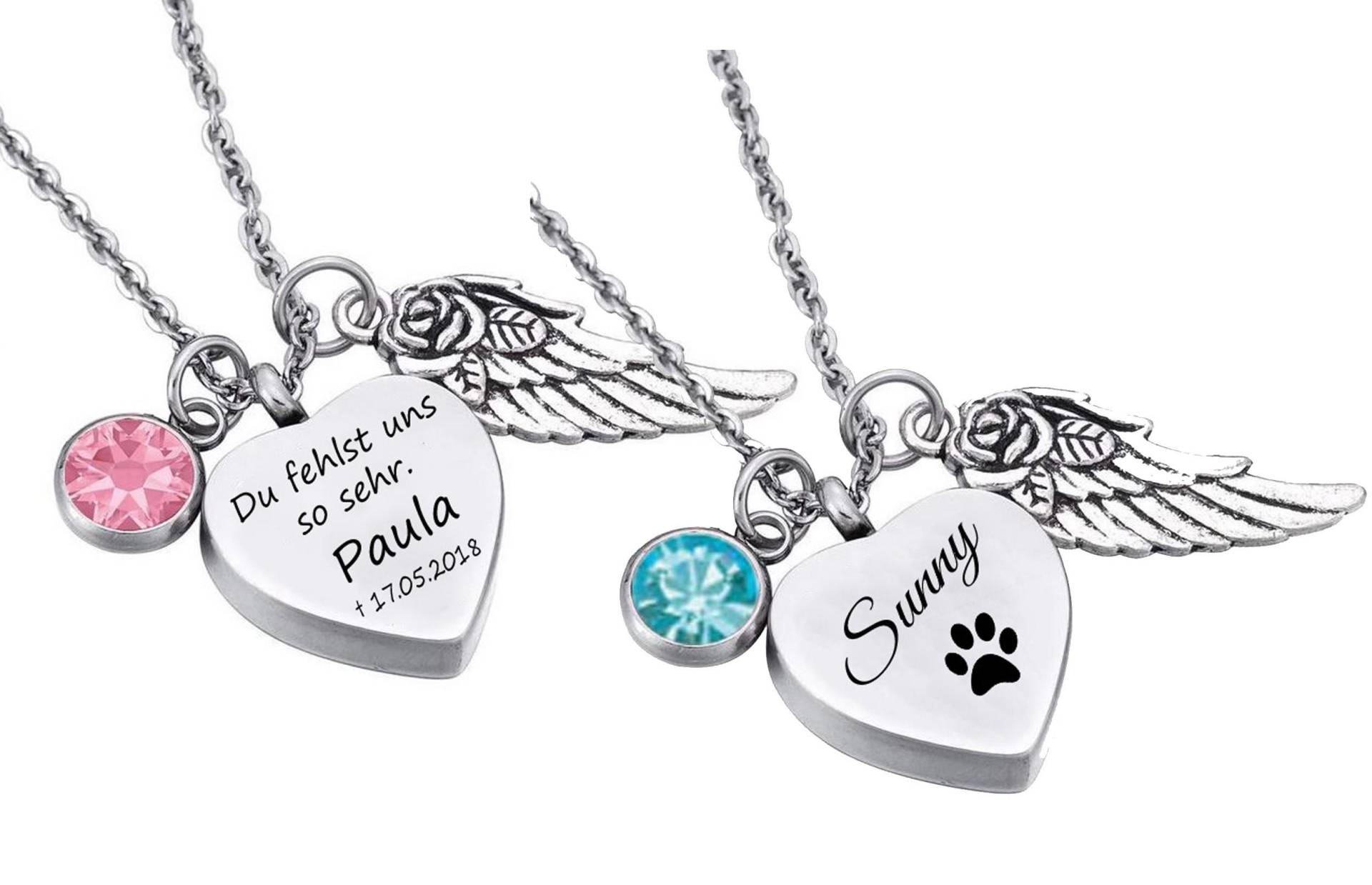 Id Herz Asche Medallion Mit Strassstein Und Flügel + Kette Gravur Nach Wunsch von aplusashop2013