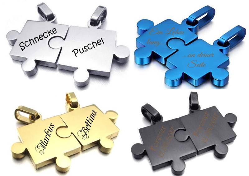 Id Partner Anhänger + Ketten 2 Puzzle Teile Mit Gravur Nach Wunsch in 4 Farben Gold/Silber/Schwarz/Blau von aplusashop2013
