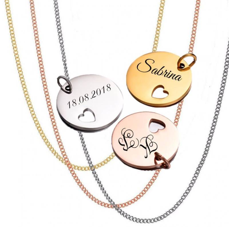 Id Runder Anhänger Mit Herz + Gravur Nach Wunsch Kette Edelstahl in 3 Farben Neu von aplusashop2013