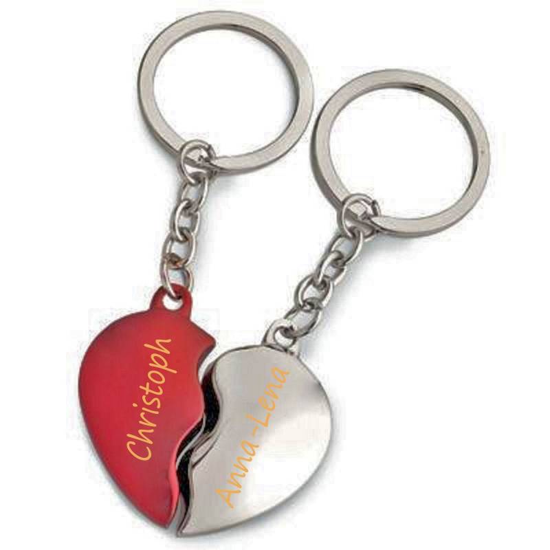 Set Partner-Schlüsselanhänger Mit Gravur Nach Wunsch Herz Geteilt Rot + Silber Geschenkbeutel von aplusashop2013