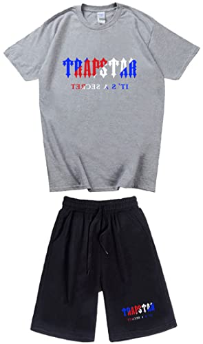 Trapstar Herren Trainingsanzug Sets T-Shirts Kurzarm Freizeit Jogginganzug 2-teilig Short Sleeve T-Shirt Suit Unisex (Grau 3,S,S) von appe