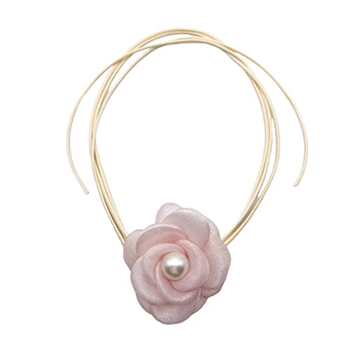 apughize Halskette mit rosafarbenem Blumen-Perlen-Halsband, Schleife, Temperament-Stoff, Wachsseil, Halskette für Frauen, Festival-Schmuck, Schleifen-Halskette, Perle von apughize