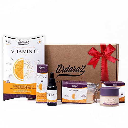 Skincare Kit zur Aufhellung von Hautunreinheiten mit Vitamin C und Hyaluronsäure. Geschenkset für Frauen mit Peeling-Pads, Serum, Creme, 5 Masken von ardaraz