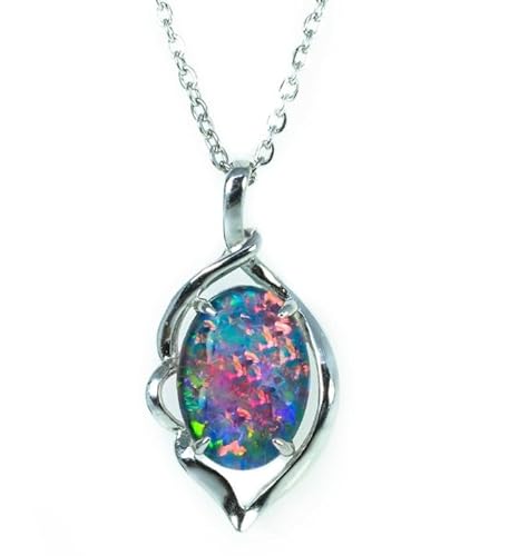 arenaworldFZ 6.05 Karat Australian Triplet Opal Halskette Echter Feueropal Triplett Halskette Anhänger 925 Sterling Silber Damen Schmuck Klein Silber/Edelstein Opal von arenaworldFZ
