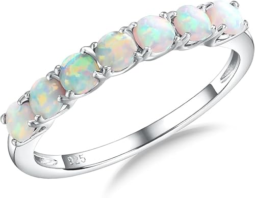 arenaworldFZ 925 Sterling Silber Oktober Geburtsstein Opal Edelstein Ringe für Frauen Edelstein Halbe Ewigkeitsband 7 Stein Zirkonia Ehering Silber/Edelstein Feueropal von arenaworldFZ