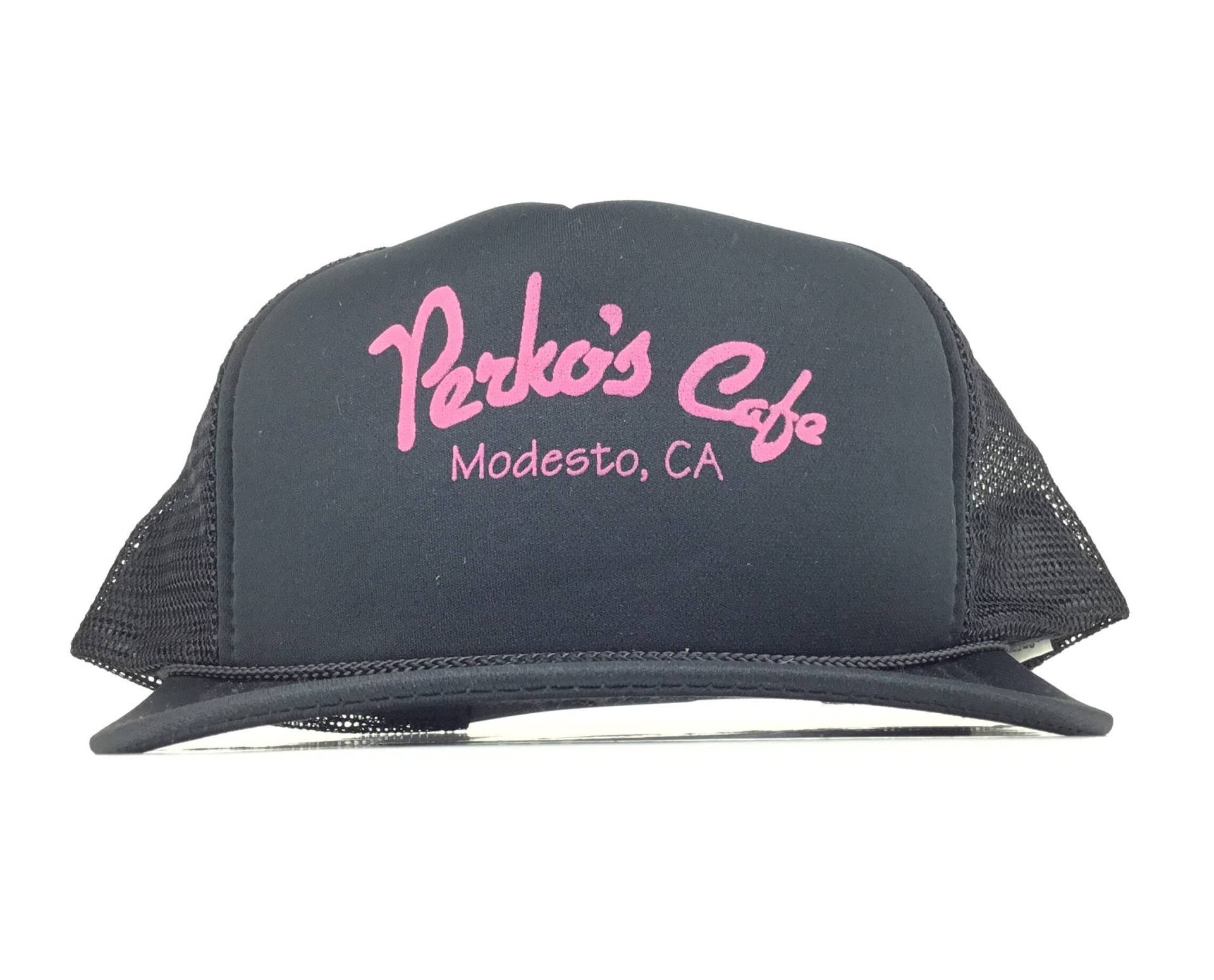 Vintage 1990Er Perko's Cafe Modesto Ca California Grill Restaurant Schwarz Trucker Hut Mesh Cap Snapback Mens Size Polyester von arm90210