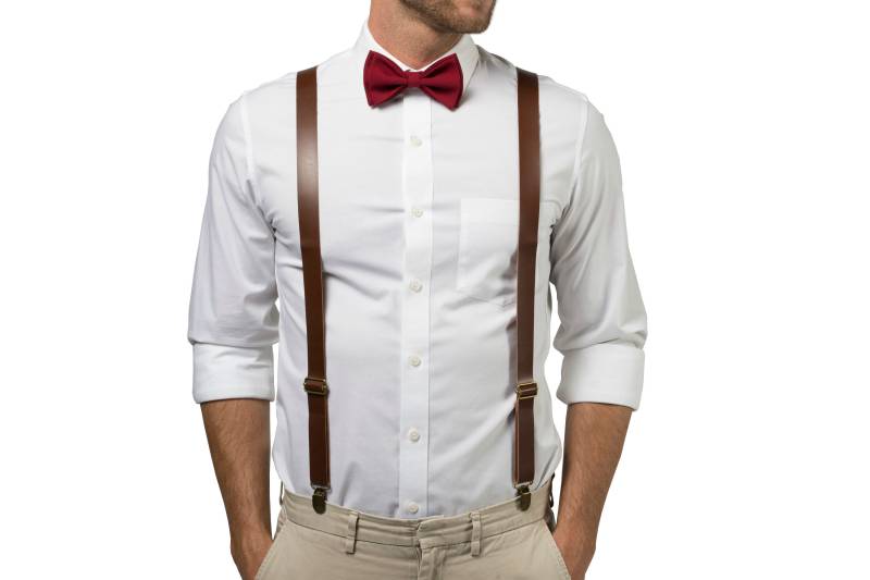 Braun Kunstleder Hosenträger & Burgunder Fliege Set, Herren Hosenträger, Fliegen Männer, Hochzeit Im Herbst Kleidung Bräutigam Groomsmen Ringträger von armoniia