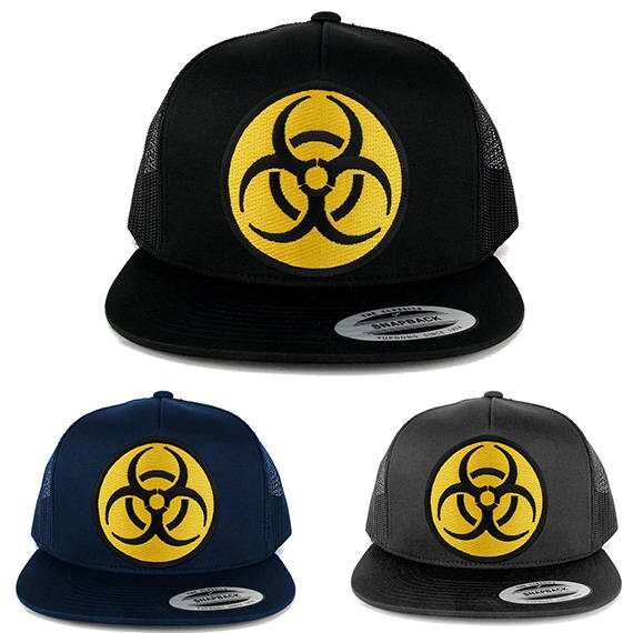 5 Panel Biohazard Kreisförmige Gelb Schwarz Bestickt Patch Flache Bill Mesh Snapback | 6006-Other-27 von armycrew