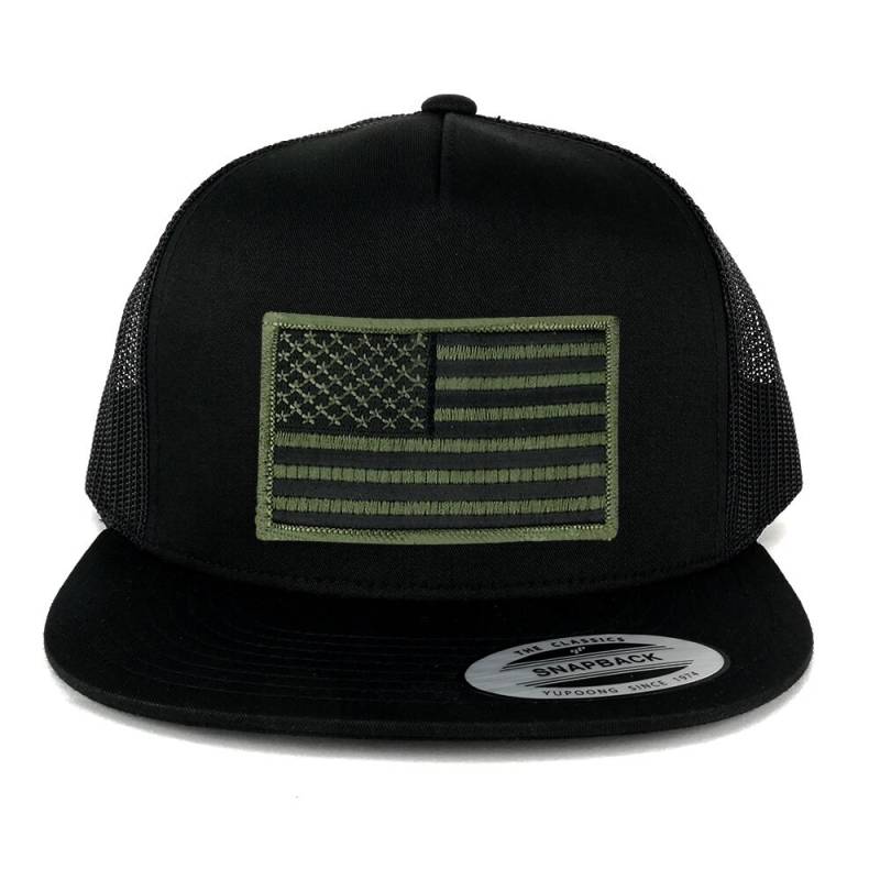 Oversize Xxl Olive Usa Flag Patch 5 Panel Flatbill Snapback Mesh Cap von armycrew