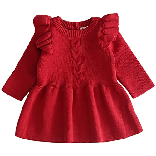 Baby Kleinkind Mädchen Kleid Langarm Strickpullover Winter Herbst Shirt Kleid Rot 6-9 Monate von aromm