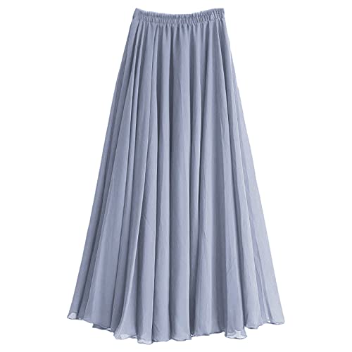 Damen A Linie Langer Rock Voll oder Knöchellang Elastischer Bund Plissierter Feen Chiffon Sommerrock Grau,M von aromm