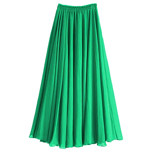 Damen A Linie Langer Rock Voll oder Knöchellang Elastischer Bund Plissierter Feen Chiffon Sommerrock Grün,XL von aromm