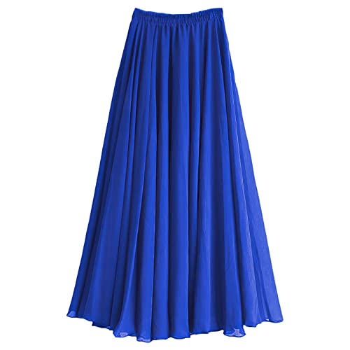 Damen A Linie Langer Rock Voll oder Knöchellang Elastischer Bund Plissierter Feen Chiffon Sommerrock Königsblau,3XL von aromm