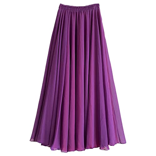 Damen A Linie Langer Rock Voll oder Knöchellang Elastischer Bund Plissierter Feen Chiffon Sommerrock Lila,3XL von aromm