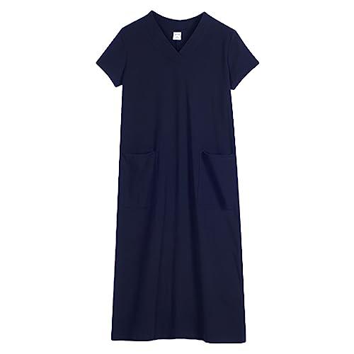 Damen Kurzarm T-Shirt Kleider mit Taschen Entspannt V-Ausschnitt Langes Kleid für Reise Marine,XXL von aromm