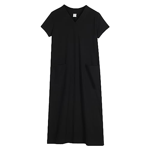 Damen Kurzarm T-Shirt Kleider mit Taschen Entspannt V-Ausschnitt Langes Kleid für Reise Schwarz,XXL von aromm