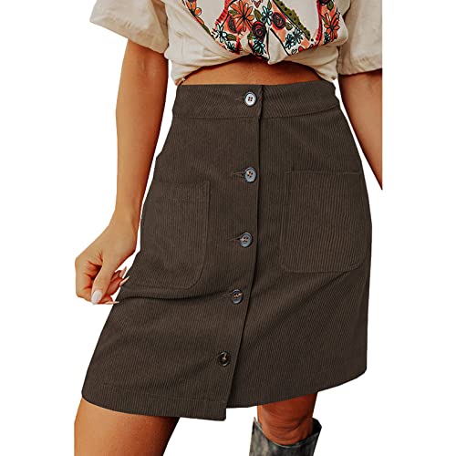 Frauen Knielänge Cordrock mit Taschen Hohe Taille Tastenvorderseite A-Linie Röcke Braun, L von aromm