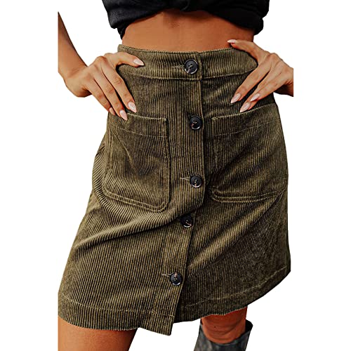 Frauen Knielänge Cordrock mit Taschen Hohe Taille Tastenvorderseite A-Linie Röcke Grün, S von aromm