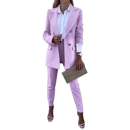 aromm 2 Stück Damen Arbeit Büro-Anzüge Elegent Langarm Reversblazer & Hose Bekleidungs-Set Rosa, XL von aromm