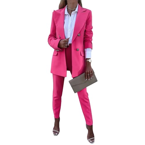 aromm 2 Stück Damen Arbeit Büro-Anzüge Elegent Langarm Reversblazer & Hose Bekleidungs-Set Rose, M von aromm