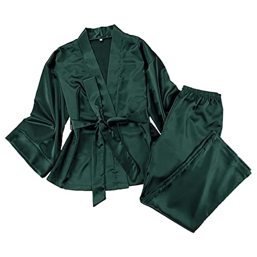 aromm 2 Stück Satin Pyjama Set für Damen Relaxed Fit 3-4 Ärmel Schnürung Kimono Top + Hosen Sexy Nachtwäsche Grün, M von aromm