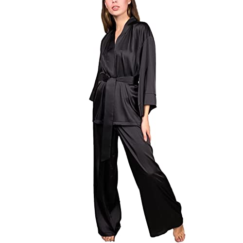 aromm 2 Stück Satin Pyjama Set für Damen Relaxed Fit 3-4 Ärmel Schnürung Kimono Top + Hosen Sexy Nachtwäsche Schwarz, S von aromm