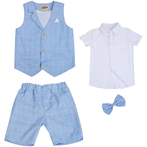 aromm 4 Stück Jungen Shorts Sommeranzüge Schlanke Passform Elegant Hochzeit Partei Weste Hemd Hose Outfits Blau, 170 von aromm