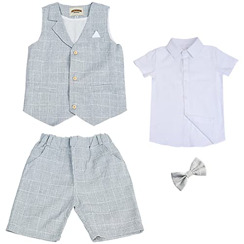 aromm 4 Stück Jungen Shorts Sommeranzüge Schlanke Passform Elegant Hochzeit Partei Weste Hemd Hose Outfits Grau, 90 von aromm