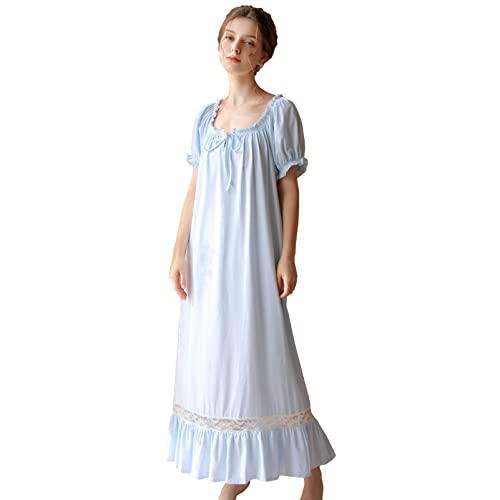 aromm Baumwolle Victorian Nachthemd für Damen Voller Länge Sommer Kurze Ärmel Stretch Schlafanzug Blau Mit Spitze Dekor, L von aromm