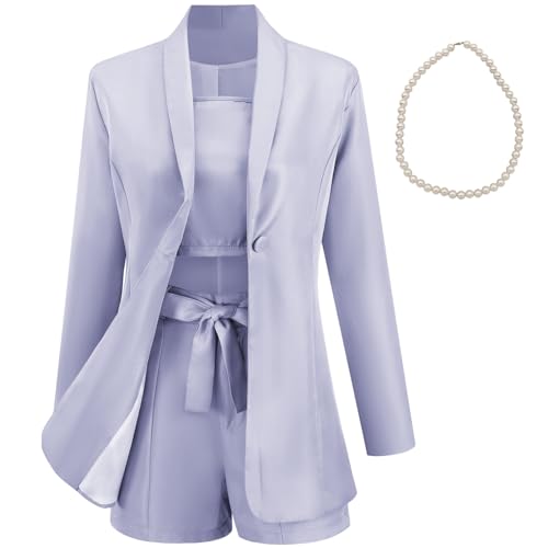 aromm Damen 3 teiliges Büro Arbeitsanzug Langarm Blazer + Gebundene Shorts + Camisole Elegant Sommerkleidung Set Grau, XXL von aromm
