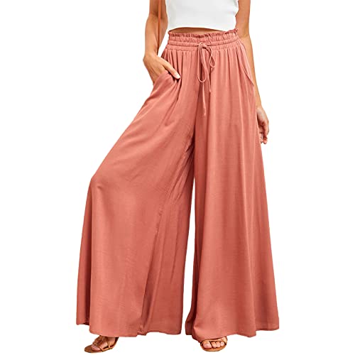 aromm Damen Breites Bein Palazzo Hose Elastische Band Freizeit Lange Hosen Orange,S von aromm