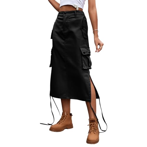 aromm Damen Cargo Lange Röcke Unterhalb des Knies Länge Hohe Taille Denim Jeansrock mit Taschen, Schwarz, XXL von aromm