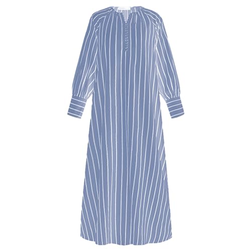 aromm Damen Lässig Langarm Loser Schwingen Gestreift Maxi Hemd Kleid Blau,S von aromm