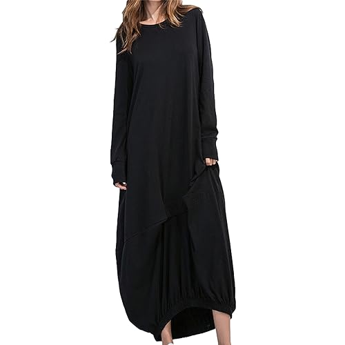 aromm Damen Maxi Lange Kleider Langarm Rundhalsausschnitt Lose Einfarbig Lässig Laternenkleid Schwarz,M von aromm