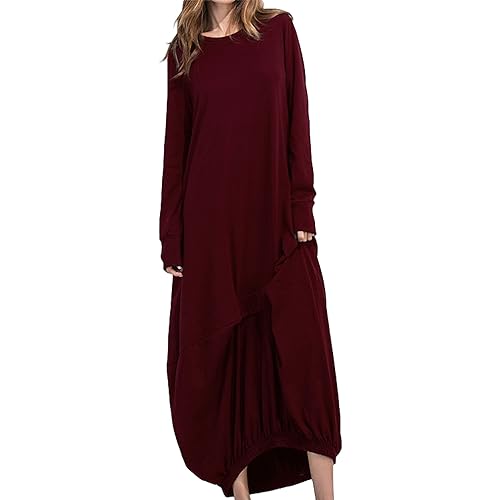 aromm Damen Maxi Lange Kleider Langarm Rundhalsausschnitt Lose Einfarbig Lässig Laternenkleid Weinrot,M von aromm
