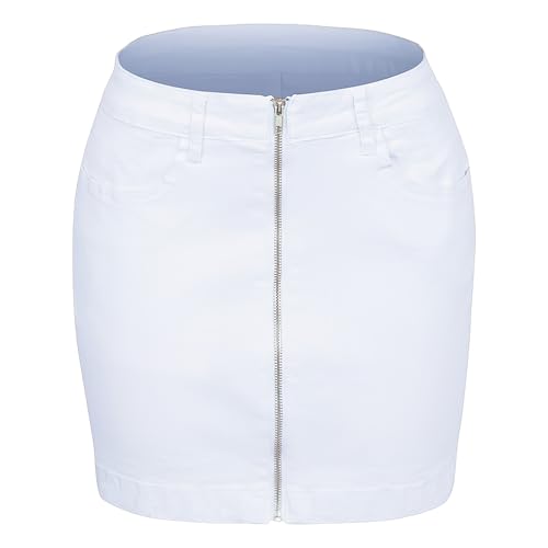 aromm Damen Mittlere Taille Reißverschluss Vorne Jeansrock Dehnbar Lässig Jeans-Röcke mit Taschen Weiß L von aromm