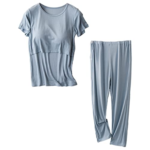 aromm Damen Mutterschaft Kurze Ärmel Pflege Hemden Oberteile und Lange Freizeithose Stillen Kleiderset Blau,M von aromm
