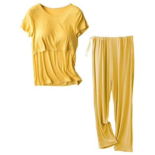 aromm Damen Mutterschaft Kurze Ärmel Pflege Hemden Oberteile und Lange Freizeithose Stillen Kleiderset Gelb,L von aromm