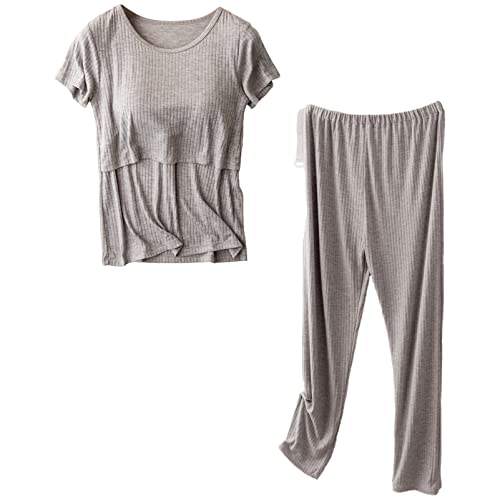 aromm Damen Mutterschaft Kurze Ärmel Pflege Hemden Oberteile und Lange Freizeithose Stillen Kleiderset Grau,XXL von aromm