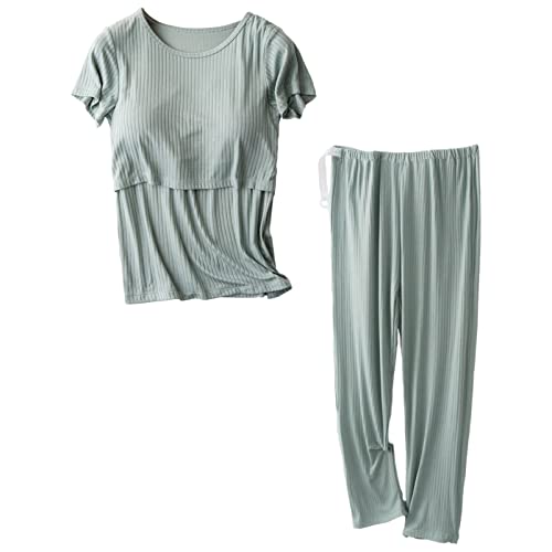 aromm Damen Mutterschaft Kurze Ärmel Pflege Hemden Oberteile und Lange Freizeithose Stillen Kleiderset Grün,L von aromm