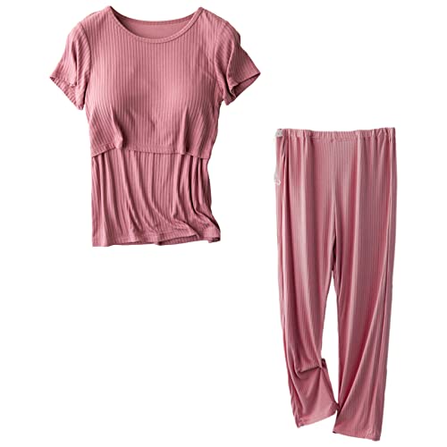aromm Damen Mutterschaft Kurze Ärmel Pflege Hemden Oberteile und Lange Freizeithose Stillen Kleiderset Kirsche,M von aromm