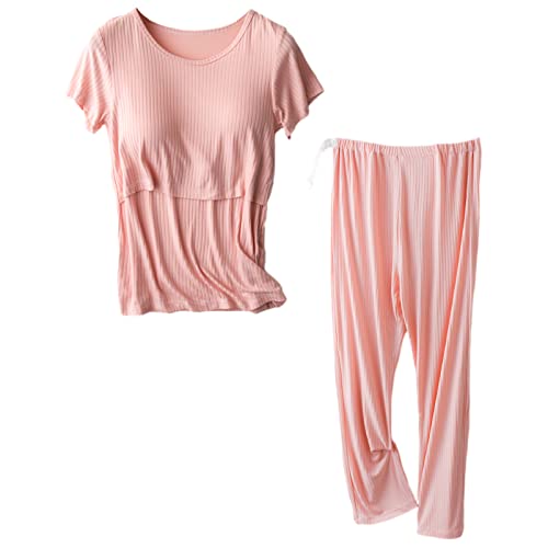 aromm Damen Mutterschaft Kurze Ärmel Pflege Hemden Oberteile und Lange Freizeithose Stillen Kleiderset Rosa,XXL von aromm