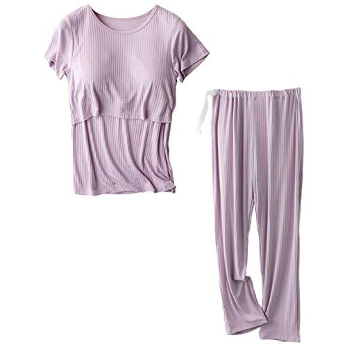 aromm Damen Mutterschaft Kurze Ärmel Pflege Hemden Oberteile und Lange Freizeithose Stillen Kleiderset Violett,XXL von aromm