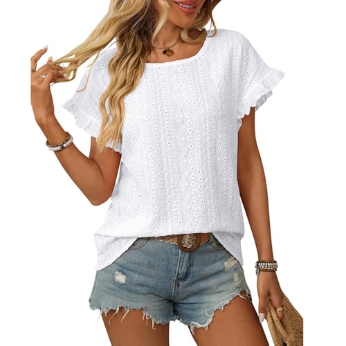 aromm Damen Sommer Ausgeschnitten Oberteile Rundhalsausschnitt Rüschen Kurzarm Blusen Boho Hemden, Weiß, 2XL von aromm