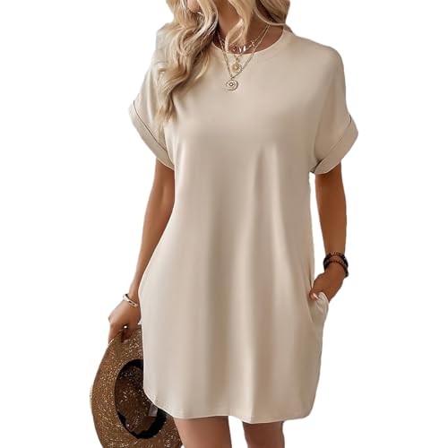 aromm Damen Sommerkleid Lässig Tshirt Kurzarm Strand Cover Ups mit Taschen, Mandel, M von aromm