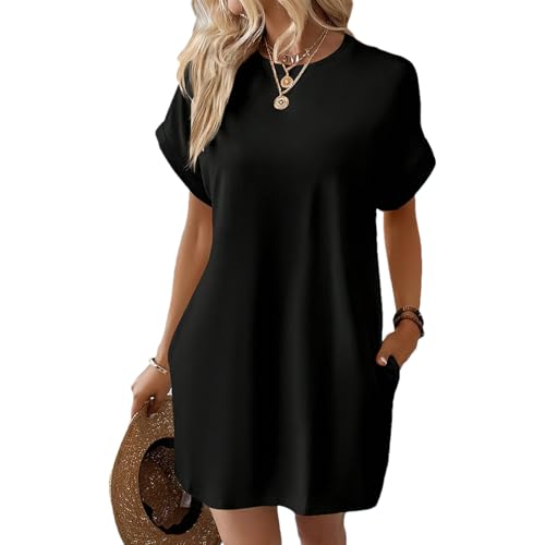 aromm Damen Sommerkleid Lässig Tshirt Kurzarm Strand Cover Ups mit Taschen, Schwarz, L von aromm